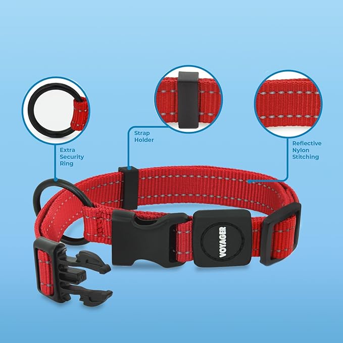 Voyager Reflective Dog Leash Collar Set with Neoprene Handle Supports Small, Medium, and Large Breed Puppies, Cute and Heavy Duty for Walking, Running, and Training - Red, S