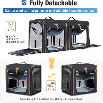 Lekereise 2-in-1 Cat,Dog Carrier for Small Medium Large Pets up to 45 Lbs, (20.85"*2)*19.7"*19.7" Car Travel Carrier with Litter Box, Bowl, and Locking Zipper - Black