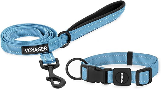 Voyager Reflective Dog Leash Collar Set with Neoprene Handle Supports Small, Medium, and Large Breed Puppies, Cute and Heavy Duty for Walking, Running, and Training - Baby Blue, M