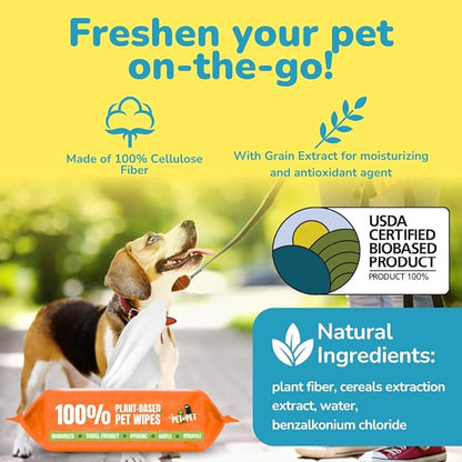 PET N PET 100% Plant Based Dog Wipes for Paws and Butt, 100 Counts Dog Pet Wipes, 8" x 8" Hypoallergenic Unscented Dog Wipes, Cleaning Deodorizing Cat Wipes, Puppy Wipes, Dog Paw Wipes, Dog Face Wipes