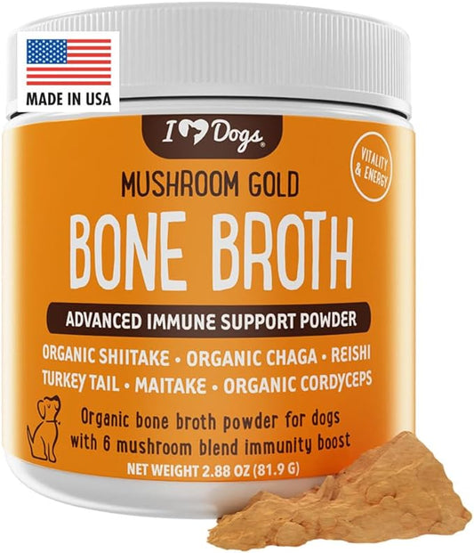 iHeartDogs Bone Broth for Dogs - Bone Broth & Mushroom Gold Powder Supplement for Immune System Support, Improved Mobility & Flexibility and Natural Detox - Turkey Tail Mushroom for Dogs