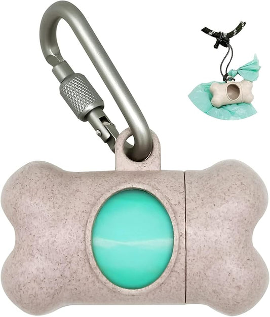 Dog Poop Pickup Bags Holder Dispenser with 1 Roll Random Color Leak-proof Scented Doggy Waste Bags and Carabiner with Safety Lock Plus Hook and Loop Fastener Never Loose on Leash Lead Again (Beige)
