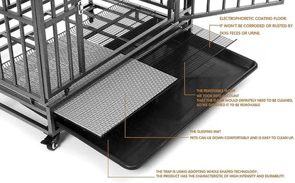 38/42/46 inch Heavy Duty Extra Large Indestructible Dog Crate Kennel Indoor with Separation Anxiety Lockable Wheels and Removable Tray