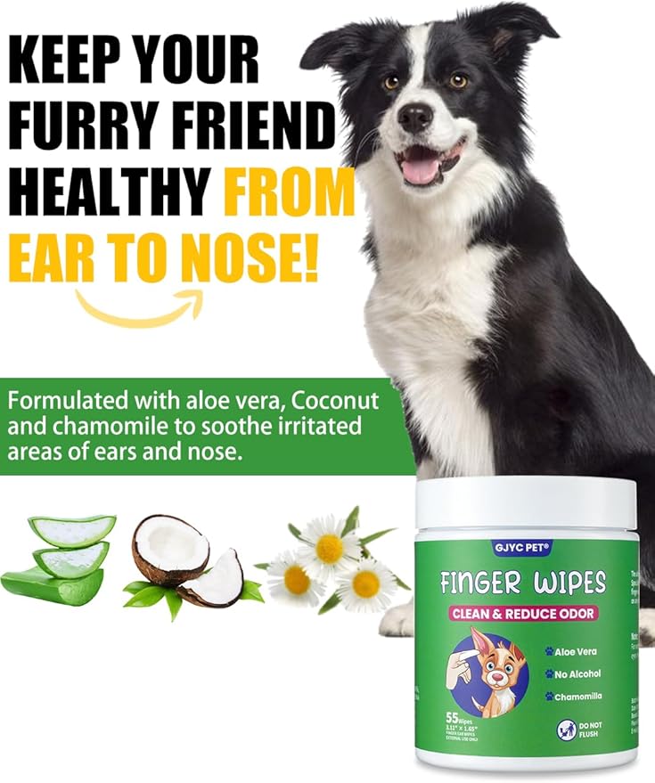 𝐆𝐉𝐘𝐂 𝐏𝐄𝐓 Ear Finger Wipes for Dogs & Cats - Natural Ingredients Gently Remove Ear Wax, Debris - Soothes & Deodorizes - Relieve Ear Itching & Inflammation with Aloe, 55 Count