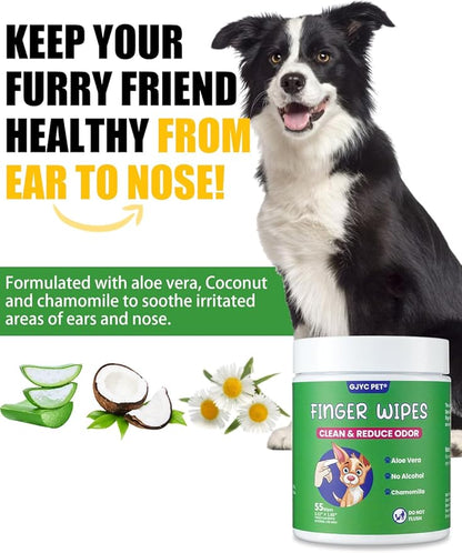 𝐆𝐉𝐘𝐂 𝐏𝐄𝐓 Ear Finger Wipes for Dogs & Cats - Natural Ingredients Gently Remove Ear Wax, Debris - Soothes & Deodorizes - Relieve Ear Itching & Inflammation with Aloe, 55 Count