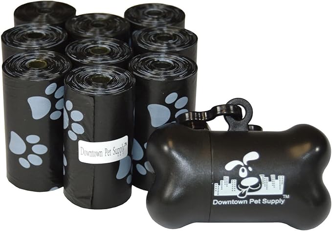 Downtown Pet Supply 180 Count Dog Poop Bags Refills with Leash Clip and Bone Bag Dispenser, Black with Paw Prints - Dog Waste Bags Unscented and Leak-Proof with Dog Poop Bag Dispenser - 12.5 x 8.5"