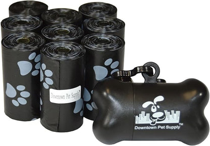 Downtown Pet Supply 180 Count Dog Poop Bags Refills with Leash Clip and Bone Bag Dispenser, Black with Paw Prints - Dog Waste Bags Unscented and Leak-Proof with Dog Poop Bag Dispenser - 12.5 x 8.5"