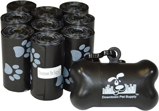 Downtown Pet Supply 180 Count Dog Poop Bags Refills with Leash Clip and Bone Bag Dispenser, Black with Paw Prints - Dog Waste Bags Unscented and Leak-Proof with Dog Poop Bag Dispenser - 12.5 x 8.5"