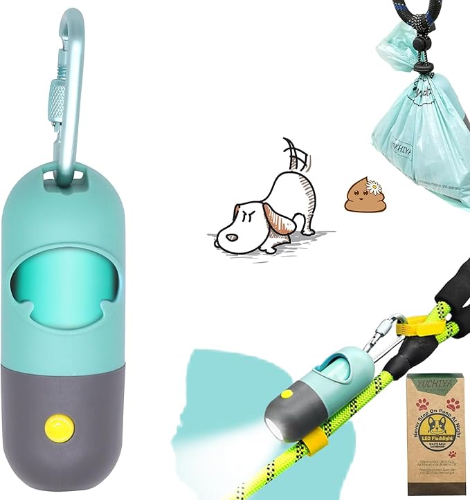Dog Poop Bag Dispenser with Flashlight|Dog Poop Bag Holder with Leash Clip|Hands-Free Leash Poop Bag Holder with Straps and 1 Roll Dog Waste Bags (Crystal Blue)