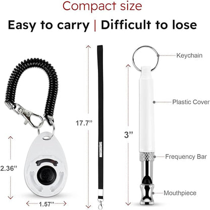 Pet Training Clicker, Whistle -Training Behaviour Aids Accessories for Puppies with Lanyard - Barking Control Device - Long Range Adjustable Frequency - Pack of 3 - White