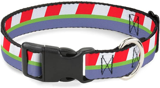 Dog Collar Plastic Clip Toy Story Buzz Lightyear Bounding Stripe Red Green Purple 11 to 17 Inches 1.0 Inch Wide
