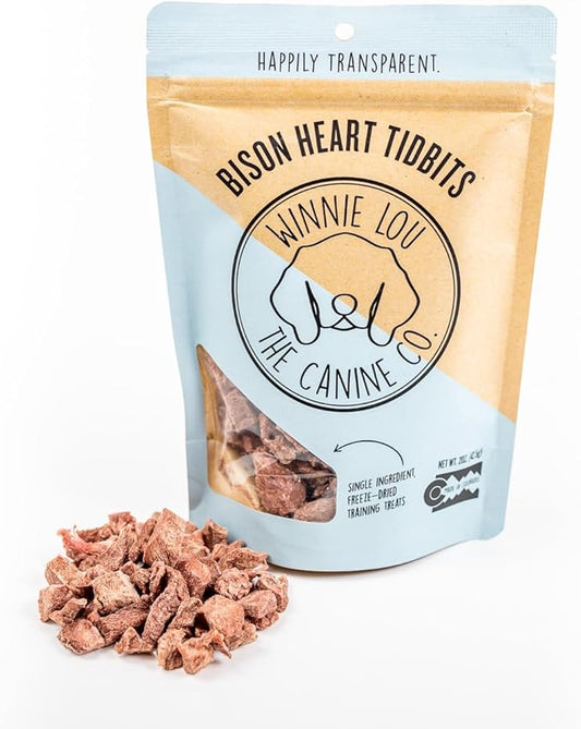 Winnie Lou Organic Dog Treats, Bison Heart Tidbits Jerky Human Grade Dog Treats for All Sized Breeds, All Natural Dog Treats with No-Added Sugar, Glycerin & Preservatives, Made in USA, 2.5 Oz (71g)