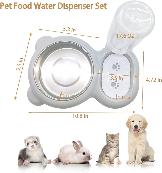 Tfwadmx Pet Double Dishes Rabbit Food Water Dispenser Set Cat Self Filling Bowls No Spill Dog Automatic Waterer Bottle Anti Gravity Feeder Cute Detachable Stainless Steel Bowl for Kitten Puppy Bunny