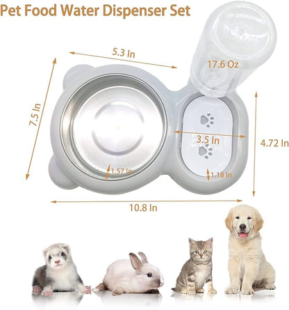 Tfwadmx Pet Double Dishes Rabbit Food Water Dispenser Set Cat Self Filling Bowls No Spill Dog Automatic Waterer Bottle Anti Gravity Feeder Cute Detachable Stainless Steel Bowl for Kitten Puppy Bunny
