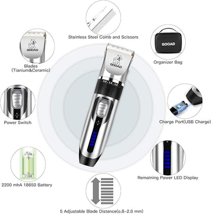 Dog Clippers Grooming Kit and Paw Trimmer,Cordless,Low Noise, Electric Quiet,Rechargeable, Dog Trimmer Grooming, Pet Hair Clippers for Thick Coats,Shaver for Small and Large Dogs Cats(Silver)