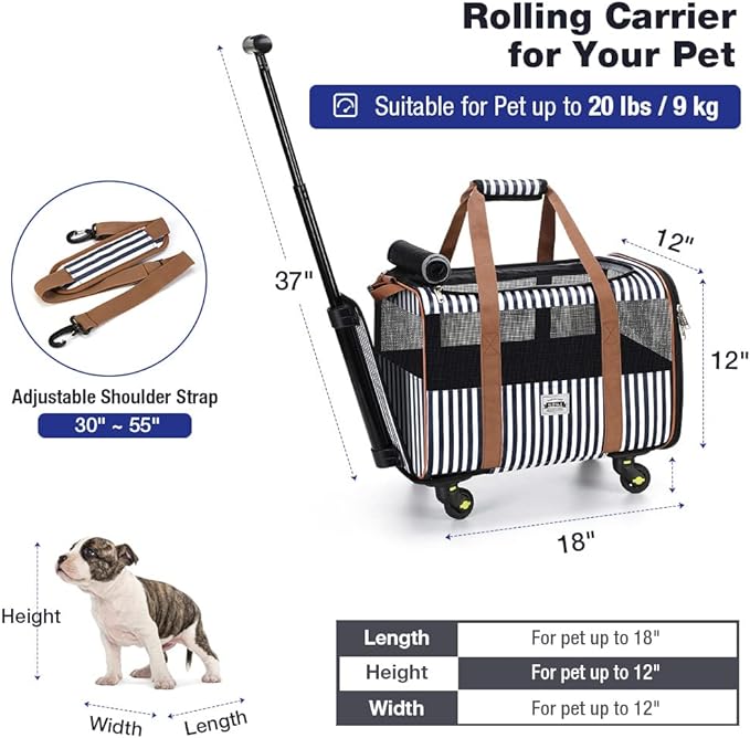 Cat Carier with Wheels, Lekesky Dog Carrier Airline Approved Rolling Pet Carrier with Telescopic Handle and Shoulder Strap, Striped