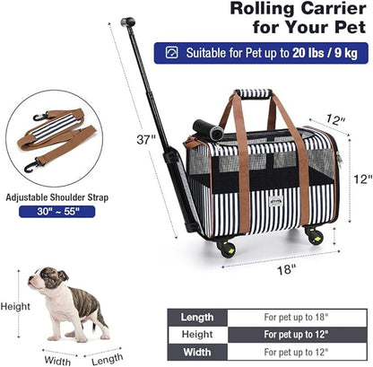 Cat Carier with Wheels, Lekesky Dog Carrier Airline Approved Rolling Pet Carrier with Telescopic Handle and Shoulder Strap, Striped