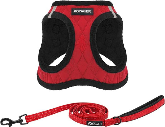 Voyager Step-in Plush Dog Harness – Soft Plush, Step in Vest Harness and Reflective Dog 5 ft Leash Combo with Neoprene Handle for Small and Medium Dogs by Best Pet Supplies -Set (Red Plush), XS