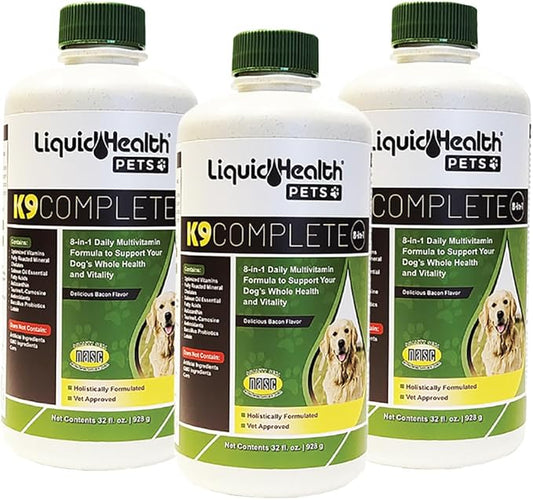 LiquidHealth 32 Oz K9 Complete 8-in-1 Liquid Multivitamin for Dogs & Puppies, All in One Complete Formula, Senior Puppy Dog Diet, Canine Vitamins, Skin and Coat, Joint Health, Immune Support (3 Pack)
