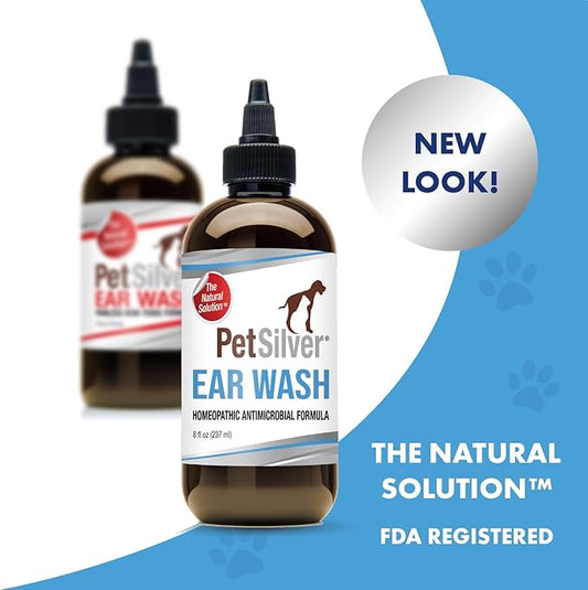 PetSilver Natural Ear Wash Flush with Patented Chelated Silver Formula, Cat and Dog Ear Cleaner and Treatment, Sooth and Clean Itchy and Inflamed Ears, Easy to Use, Made in USA, 8 oz.