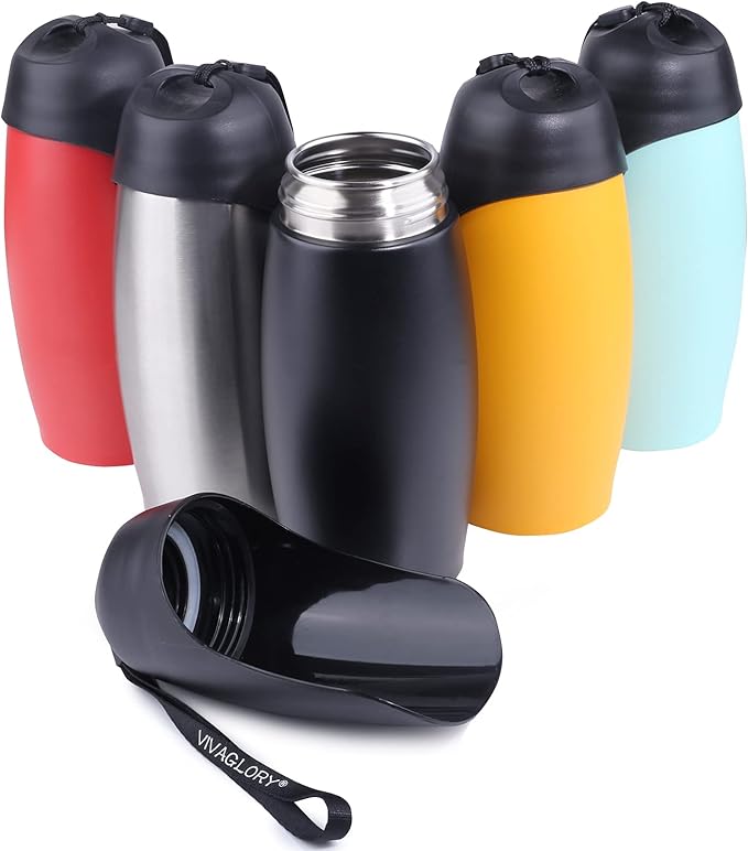VIVAGLORY Dog Water Bottle, Pet Drinking Bottle, 25oz Portable & Leakproof Stainless Steel Dog Travel Water Bottle Bowl with Large Trough for Walking & Hiking, Classic Black