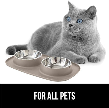 Gorilla Grip 100% Waterproof BPA Free Cat and Dog Bowls Silicone Feeding Mat Set, Stainless Steel Bowl Slip Resistant Raised Edges, Catch Water, Food Mess, No Spills, Pet Accessories, 3 Cup, Beige