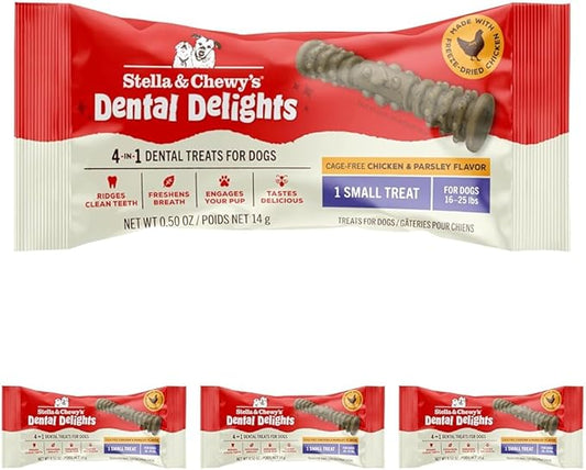Stella & Chewy's Dental Delights with Freeze-Dried Chicken - Small Dental Treats for Dogs, Single Serve (Pack of 4)