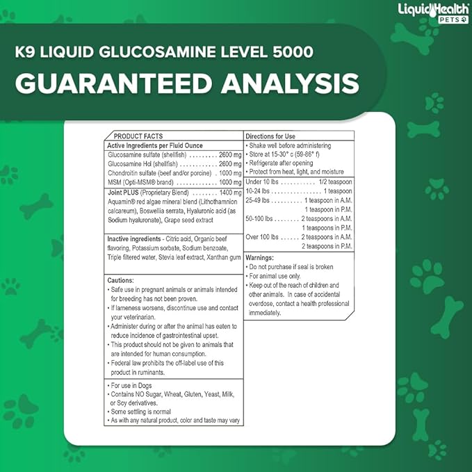 LIQUIDHEALTH 32 Oz K9 Liquid Glucosamine for Dogs Level 5000 with Glucosamine Chondroitin, Dogs MSM, Boswellia Serrata – Dog Hip and Joint Health, Dog Vitamins for Dog Joint Pain, Dog Joint Oil