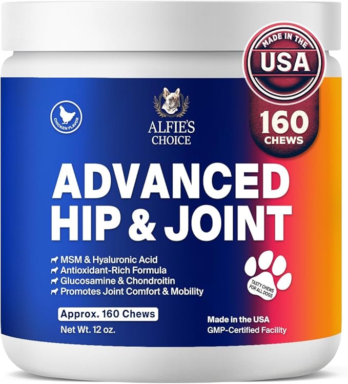ALFIE'S CHOICE Hip and Joint Chews for Dogs - Advanced Hemp & Glucosamine for Dogs, Hip Joint Supplement for Dogs, Chicken Flavor Dog Joint Supplement Large Breed & Small Breed - 12 oz, Appx 160 Ct