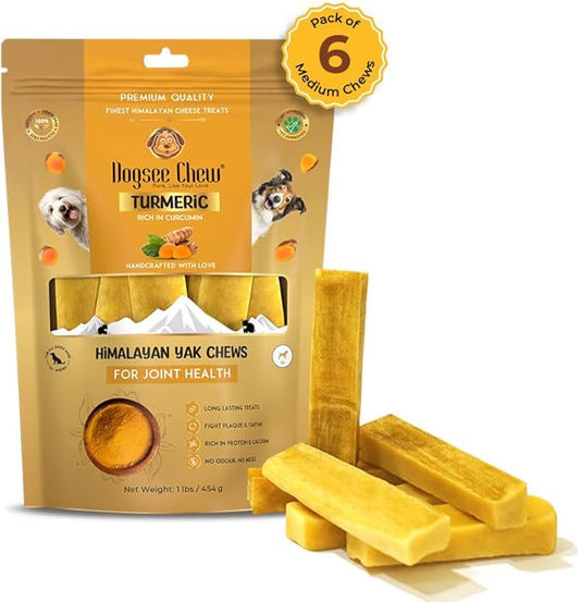 Dogsee Turmeric Flavor Himalayan Yak Cheese Dental Chews for Dogs 1lb (Medium - 6 Chews) | Anti-inflammatory | No Grain, No Gluten | Odorless Dog Treats