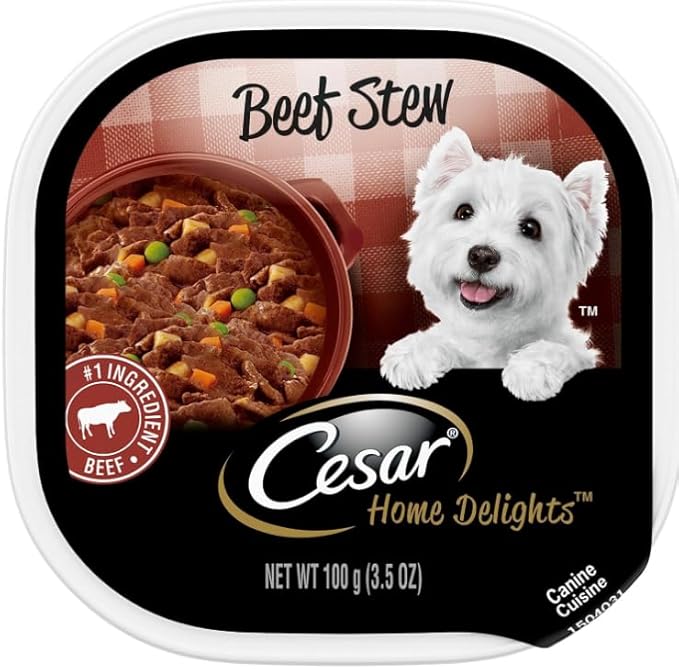 Cesar Home Delights Soft Wet Dog Food Beef Stew, Easy Peel Trays, 3.5 Oz (Pack of 6 with a Mouse Toy)