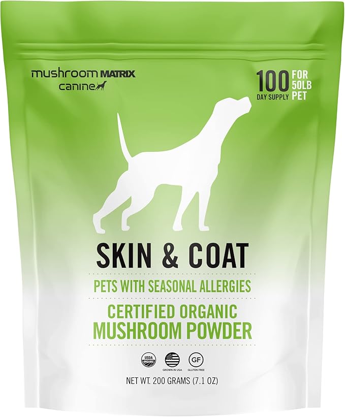Om Mushroom Matrix Pet - Canine | Skin & Coat | USA Grown Human-Grade Organic Mushroom Powder Pet Supplement | Seasonal Allergy Skin & Coat Support for Dogs & Cats | 200 Grams, 7.1 oz