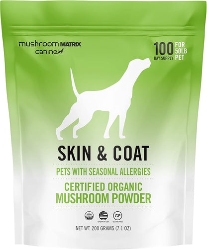Om Mushroom Matrix Pet - Canine | Skin & Coat | USA Grown Human-Grade Organic Mushroom Powder Pet Supplement | Seasonal Allergy Skin & Coat Support for Dogs & Cats | 200 Grams, 7.1 oz