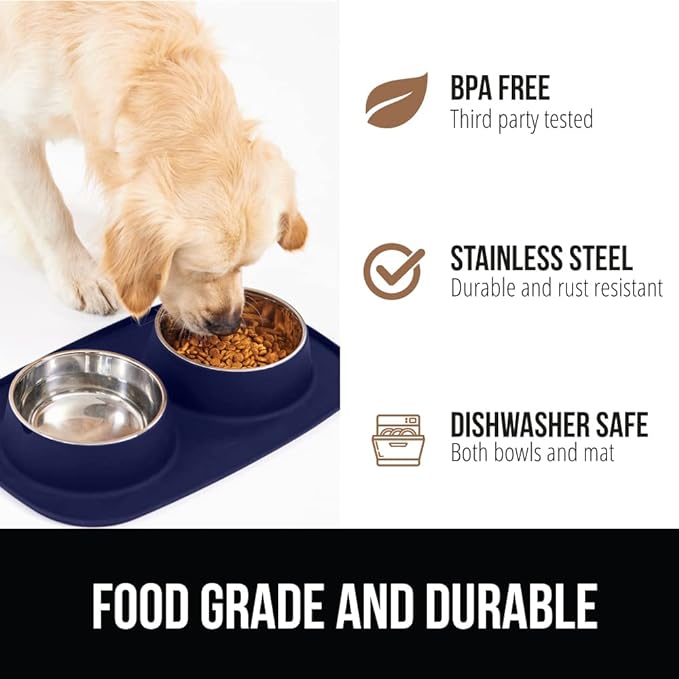 Gorilla Grip 100% Waterproof BPA Free Cat and Dog Bowls Silicone Feeding Mat Set, Stainless Steel Bowl Slip Resistant Raised Edges, Catch Water, Food Mess, No Spills, Pet Accessories, 1 Cup, Navy