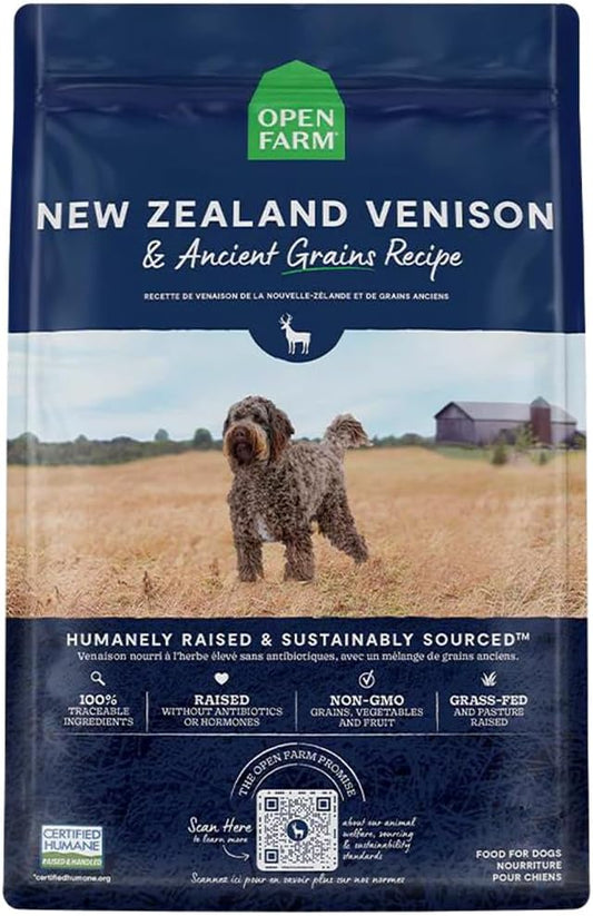 Open Farm Ancient Grains Dry Dog Food, Humanely Raised Meat Recipe with Wholesome Grains and No Artificial Flavors or Preservatives (New Zealand Venison Ancient Grain, 22 Pound (Pack of 1))