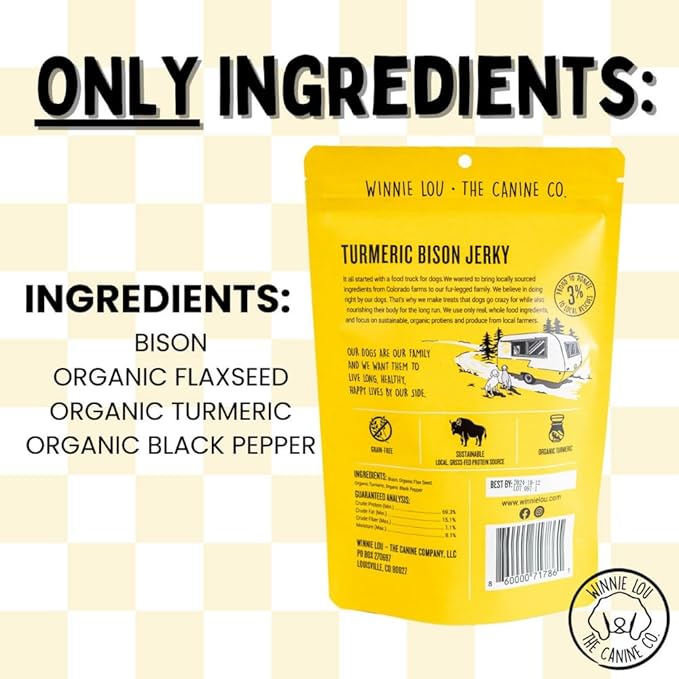 WINNIE LOU Jerky Organic Jerky Dog Treats Made in The USA – Human Grade Dog Treats – Dog Jerky Treats – All Natural Dog Treats – Healthy Dog Treats (Turmeric Bison Jerky)