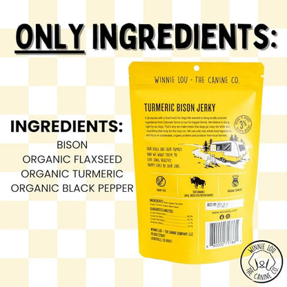 WINNIE LOU Jerky Organic Jerky Dog Treats Made in The USA – Human Grade Dog Treats – Dog Jerky Treats – All Natural Dog Treats – Healthy Dog Treats (Turmeric Bison Jerky)