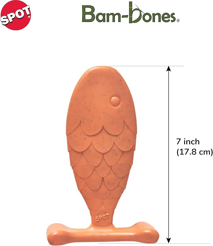 SPOT Bam-Bones Fish - Made with Strong Bamboo Fiber, Durable Long Lasting Dog Bone for Light to Moderate Chewers, Great Chew Toy for Adult Dogs & Teething Puppies Under 50lbs, 7in, Salmon Flavor