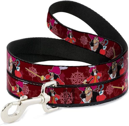 Dog Leash Captain Hook Poses Nautical Elements Burgundy 4 Feet Long 1.0 Inch Wide