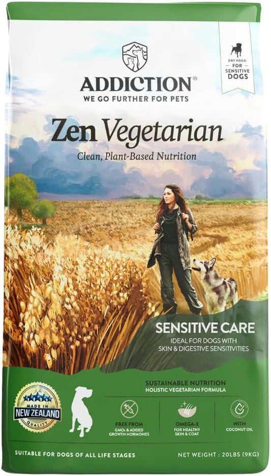 Addiction Zen Vegetarian Dry Dog Food, Rich in Isoflavones and Antioxidants, Vegetarian Dog Food, Crafted in New Zealand, for All Dog Life Stages 20lb