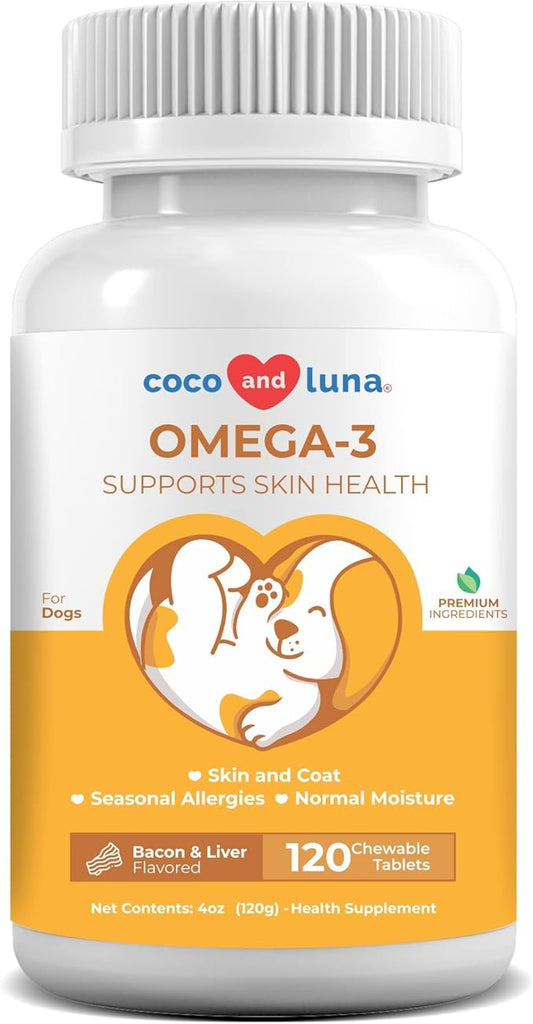 Omega 3 for Dogs - Fish Oil for Dogs Skin and Coat - 120 Chewable Tablets - Omega 3 6 9, EPA & DHA Fatty Acids for Dog Shedding, Dry Skin & Heart Support