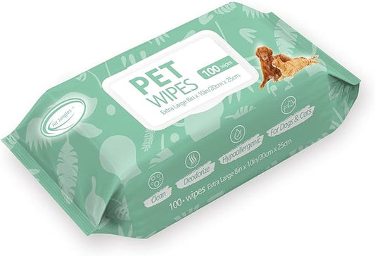 Air Jungles 3in1 Pet Wipes for Dogs and Cats 100 Count, 8" x 10" Extra Large Hypoallergenic Cleaning, Grooming, Deodorizing Wipes for Pets Paws Body Face Ear Butt