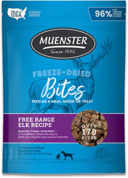 Muenster Freeze Dried Dog Food Topper Bites (5oz) - Farmhaus Elk Freeze Dried Raw Dog Food w/Organic Minerals - Elk & Organ Meats Meal Toppers for Dogs - Freeze Dried Dog Treats for Training