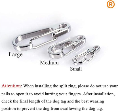 IVIA Dog Tag Clips / 2 Pack/Multiple Size 304 Stainless Steel Quick Clip with Rings/Easy Change Dog Cat ID Tag Holder for Small pet Collars and Harnesses.(2 Large Silver)