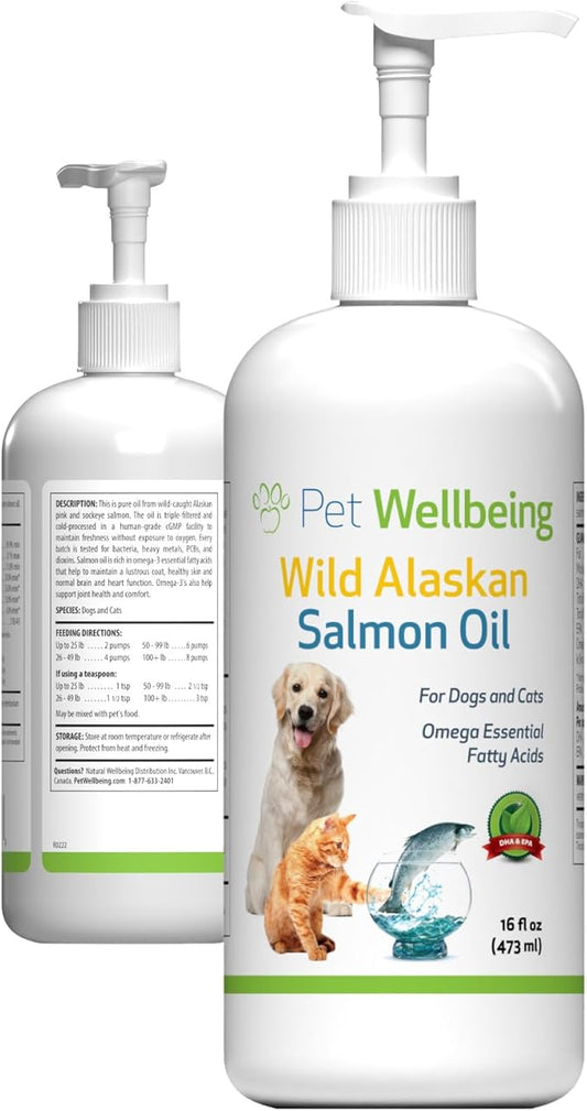 Pet Wellbeing Wild Alaskan Salmon Oil for Dogs & Cats - Daily Omega-3 Fish Oil for Healthy Skin, Coat, Mobility, Joints, Heart Health - EPA, DHA - 16 fl oz (473 ml)