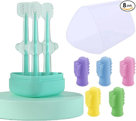 Dog Toothbrush Kit，8 Pcs Dog Cat Teeth Cleaning Finger Toothbrush for Dogs,3 Sided Pet Puppy Toothbrush and Finger Brush for Small Medium Large Dogs Cats Teeth,All in One Storage Case-Blue