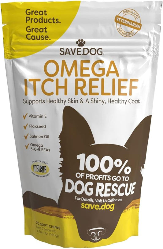 Omega Itch Relief for Dogs – Healthy Skin and Coat Supplement for Dogs with Vitamin E, Flax Oil and Salmon Oil for Dog Itch Relief - Dog Supplement with a Cause (70 Chews)