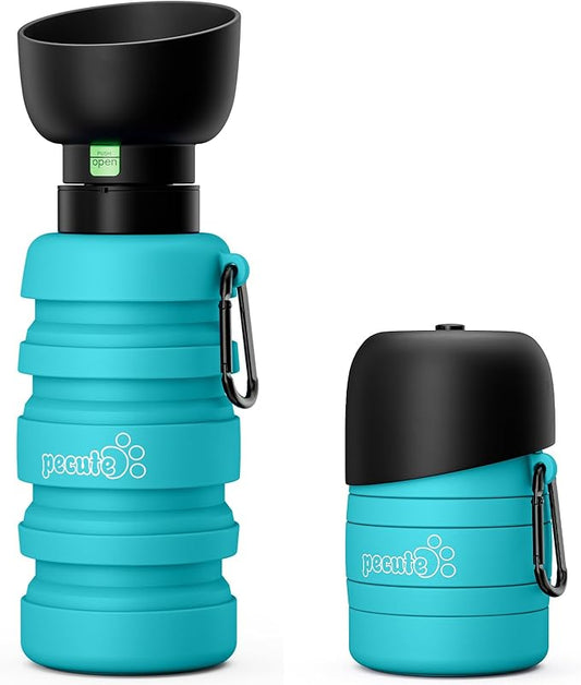 Pecute Dog Water Bottle Portable, 29oz Dog Foldable Water Bottle with Folding Bowl, Carabiner Clip, 5 Levels Capacity, 100% Food Grade Silicone, Dog Water Bottle for Outdoor Walking, Hiking, Travel