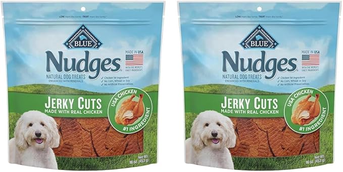 Blue Buffalo Nudges Jerky Bites Dog Treats, Made in The USA with Natural Ingredients, Bite-Sized Pieces, Chicken, 16-oz. Bag (Pack of 2)