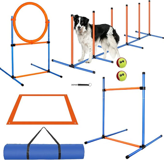 Dog Agility Training Equipment, 72-piece Obstacle Course Training Starter Kit Indoor Outdoor Game for Dogs with Agility Hurdle, Jump Ring, Weave Poles, Pause Box, Toy Balls and Storage Bag